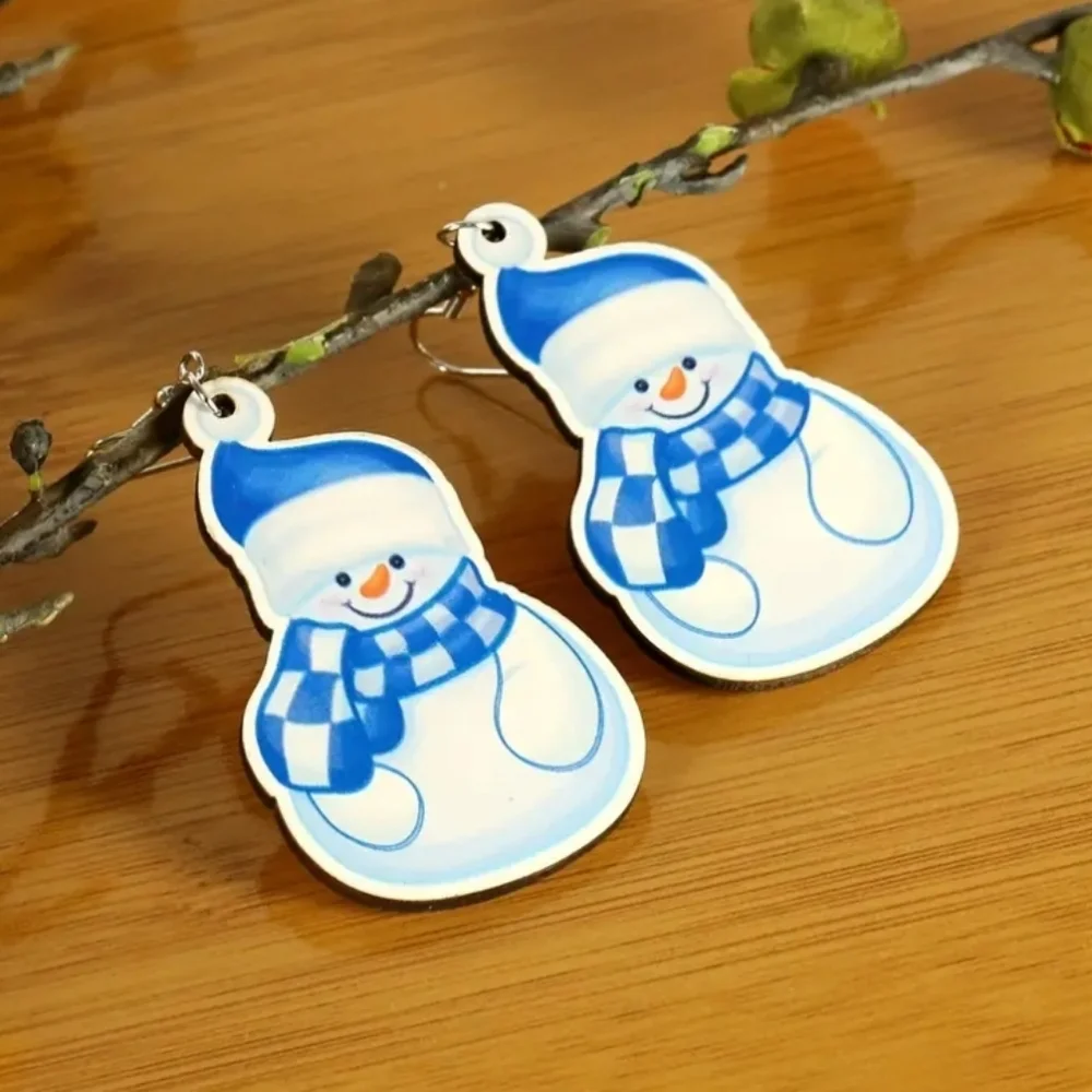 Wood Dangle Drop‎ Christmas Winter Frosty the Snowman Earrings with Blue Accents